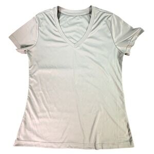 Women's V-Neck T-Shirt Light Gray Short Sleeve Polyester Athletic Top Size M